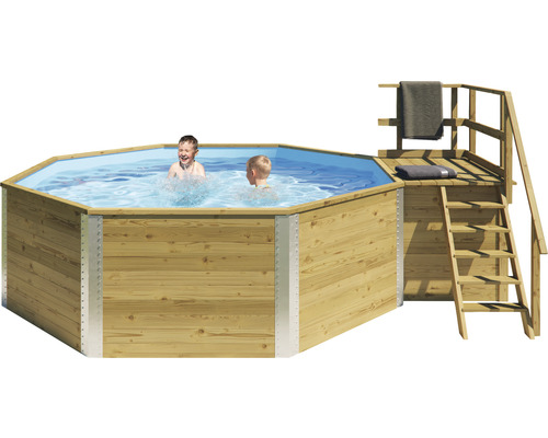 Aufstellpool Holzpool-Set Weka 593 B rund Ø 397x116 cm inkl. Sandfilteranlage, Einbauskimmer, Filtersand, Bodenschutzvlies & Technikraum inkl. Holztreppe mit Handlauf