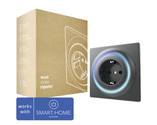 Fibaro Steckdose Walli Outlet Type F mit Repeaterfunktion zur Steuerung elektrischer Geräte schwarz - Kompatibel mit SMART HOME by hornbach Walli Steckdose mit LED Ring und Produktverpackung