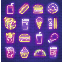 Neon-Illustration von Fast Food und Getränken auf Ziegelhintergrund