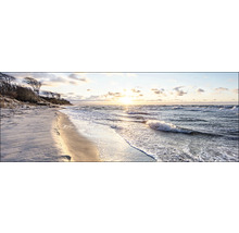 Strand mit Wellen und Bäumen im Hintergrund