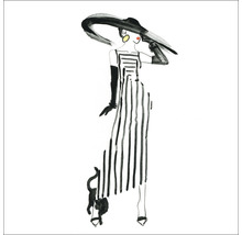 Illustration einer Frau mit Hut, gestreiftem Kleid und Katze