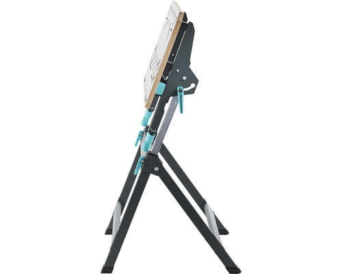 Wolfcraft Master Werkbank mit verstellbaren Füßen in seitlicher Ansicht.