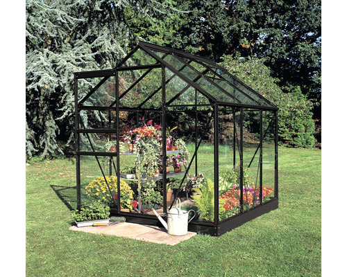 Gewächshaus Halls Popular inkl. Blankglas 3 mm 193 x 195 cm schwarz Gewächshaus mit Pflanzen und Gießkanne im Garten