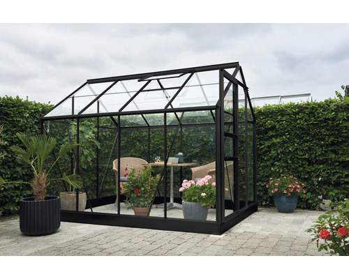 Gewächshaus Halls Popular 86 Blankglas 3 mm 193 x 257 cm schwarz Gewächshaus mit Stahlrahmen, Glaswänden und Inneneinrichtung im Garten