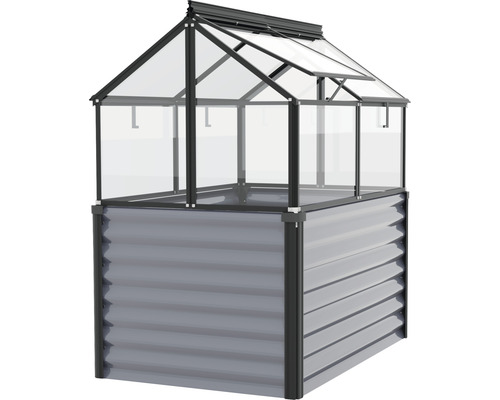 Hochbeet mit Frühbeetaufsatz aus Metall und Glas