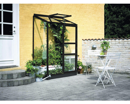 Anlehngewächshaus Halls Altan 2 Blankglas 3 mm 132 x 69 cm schwarz Gewächshaus mit Pflanzen und Gartenmöbeln im Außenbereich.