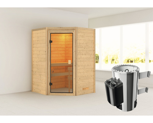 Plug & Play Sauna Karibu Antonia inkl.3,6kW Ofen u.intergr.Steuerung ohne Dachkranz mit bronzierter Ganzglastüre-0