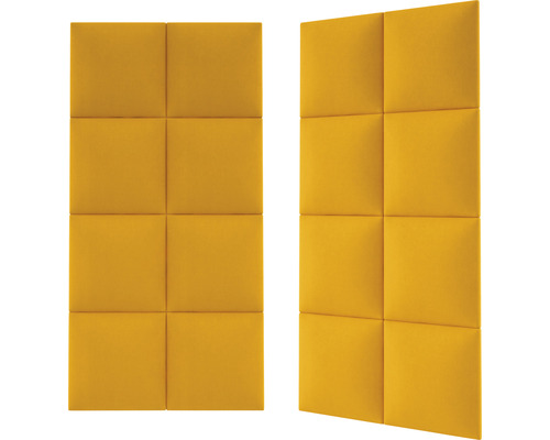 Zwei gelbe Schallschutzplatten, die jeweils aus acht quadratischen Modulen bestehen