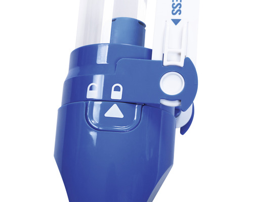 Detailansicht eines blauen Geräts mit Verriegelungs- und Entriegelungssymbolen