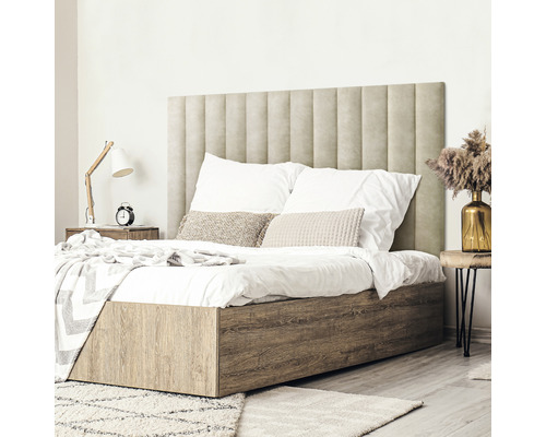 Wandkissen Preston hellbraun Leder-Optik 15 x 90 cm Bett mit gestepptem Kopfteil, Holzrahmen und Nachttisch