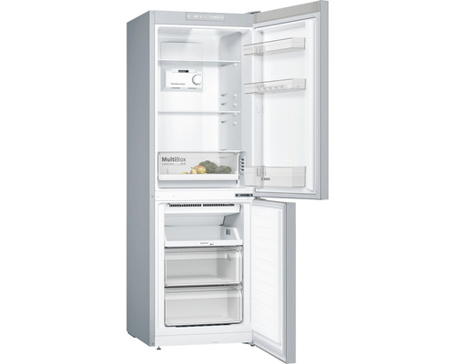 Geöffneter Kühlschrank mit Gefrierfach unten und Ablagefächern