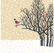 Illustration eines Vogels auf einem Baum mit roten Beeren im Winter