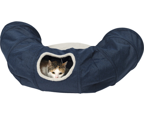 Katze in einem blauen Katzentunnel mit Plüschrand