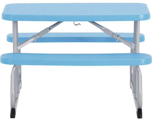 Blauer Kindertisch mit Bänken und Metallgestell