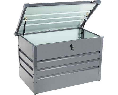 Garten- u. Futteraufbewahrungsbox Zipper ZI-GAB100AN anthrazit Geöffnete graue Gartenbox aus Metall mit Schloss zur Aufbewahrung im Außenbereich