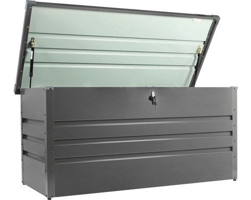 Garten- u. Futteraufbewahrungsbox Zipper ZI-GAB165AN anthrazit, 1650 x 700 x 620 mm Geöffnete graue Gartenbox mit Schlüssel
