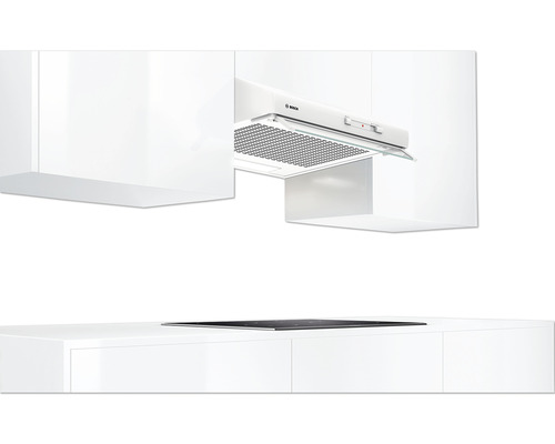 Küchenszene mit Dunstabzugshaube zwischen Hängeschränken und Kochfeld