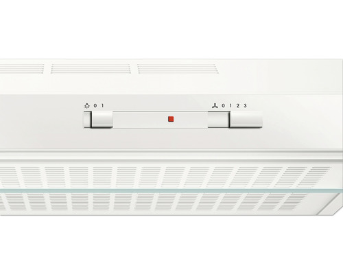 Detailansicht einer Dunstabzugshaube mit Schiebeschaltern zur Steuerung von Licht und Lüftergeschwindigkeit.