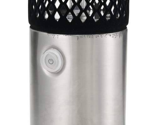 Detailansicht einer Insektenfalle mit Edelstahlgehäuse und Ein-/Ausschalter