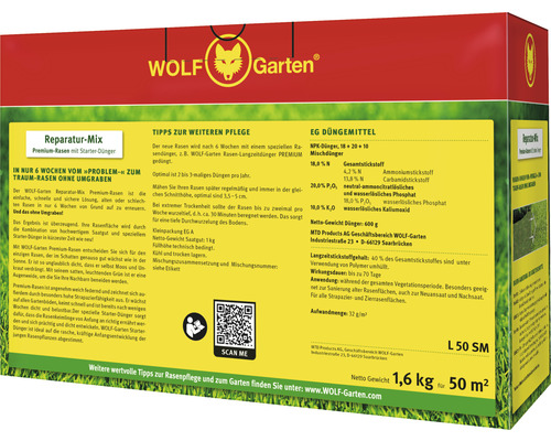 Wolf Garten Reparatur-Mix Premium-Rasen mit Starter-Dünger für 50 Quadratmeter