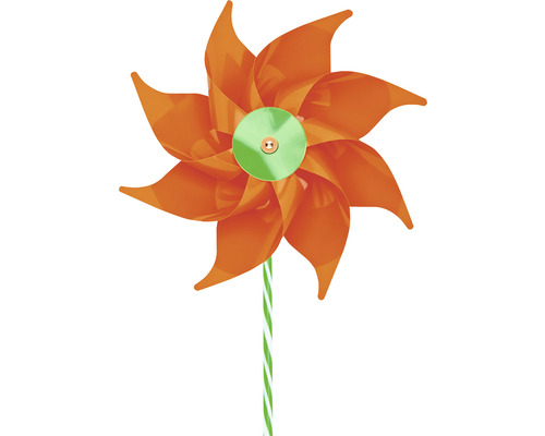 Orangefarbenes Windrad mit grün-weiß gestreiftem Stab