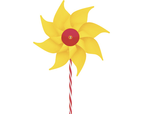 Gelbe Windmühle mit einem rot-weiß gestreiften Stab