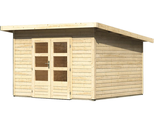 Holzgartenhaus mit Doppeltür und Fenstern