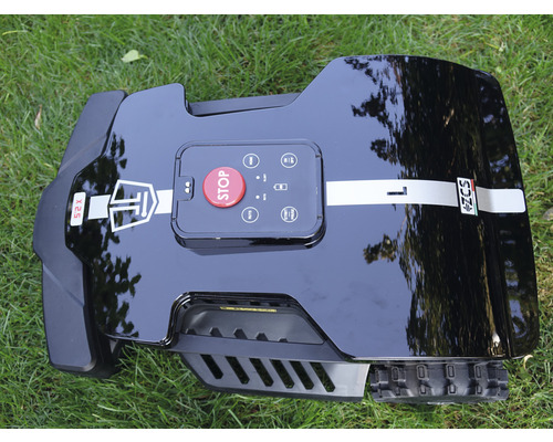 Schwarzer Rasenmähroboter auf Gras