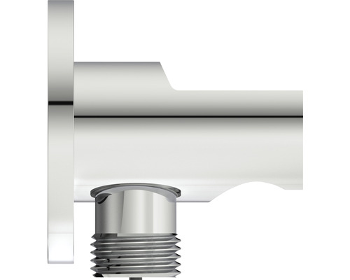 Detailaufnahme eines verchromten Wasserhahns mit Gewindeanschluss.