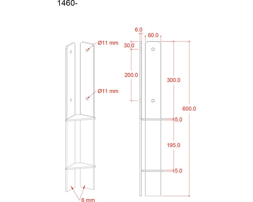 Technische Zeichnung eines Pfostenträgers mit Maßangaben