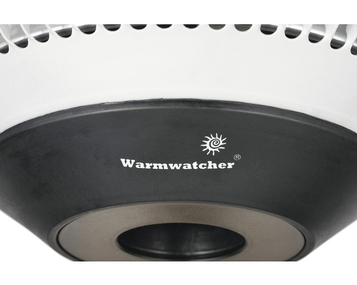 Detailansicht eines Heizstrahlers mit Warmwatcher Logo