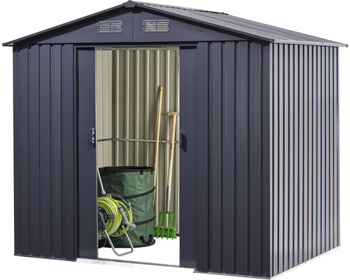 Gartenschuppen aus Metall mit Gartengeräten