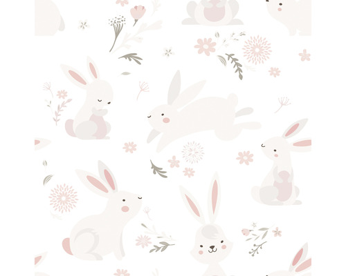 Vliestapete 45860 Kids Walls Hasen rosa grau weiß Muster mit Hasen und Blumen