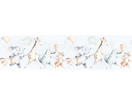 Bordüre 45864 Kids Walls Tiere blau braun 5 m x 26,5 cm Bordüre mit Giraffe, Krokodil, Fuchs, Elefant und Hase