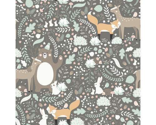 Vliestapete 45870 Kids Walls Tiere grün anthrazit braun Muster mit Bär, Hirsch, Fuchs, Hase, Igel, Vögeln, Blättern und Blumen