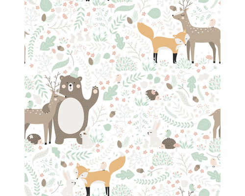 Vliestapete 45872 Kids Walls Tiere grün braun weiß Illustration mit Bären, Hirschen, Füchsen, Hasen, Igeln, Vögeln, Pflanzen und Pilzen