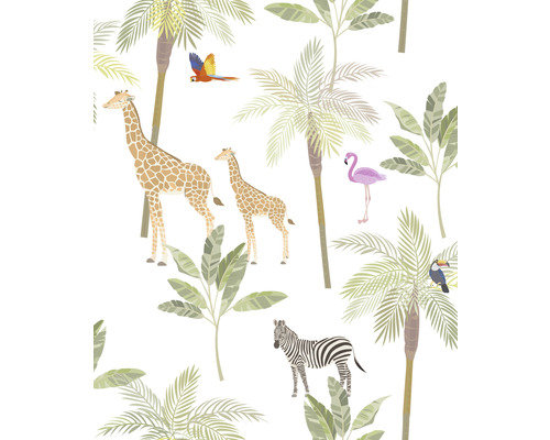 Vliestapete 45880 Kids Walls Tiere Dschungel grün braun Muster mit Giraffen, Zebras, Flamingos, Tukanen, Aras, Palmen und tropischen Pflanzen