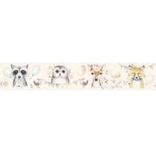 Illustration mit Waschbär, Eule, Reh und Fuchs mit Blumen und Luftballons