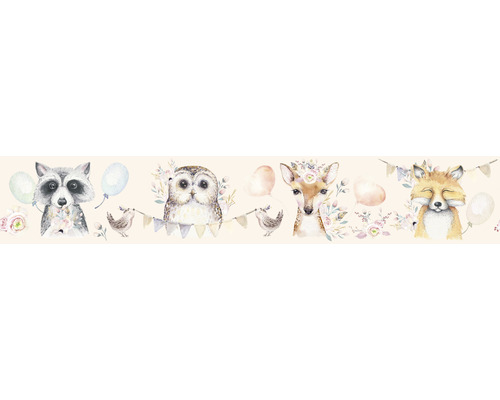 Bordüre 45889 Kids Walls Tiere Luftballon beige braun 5 m x 17,5 cm Illustration mit Waschbär, Eule, Reh und Fuchs mit Blumen und Luftballons