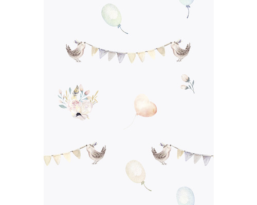 Vliestapete 45892 Kids Walls Vögel Luftballon grau blau rosa Muster mit Vogel, Girlande, Blumen und Luftballons