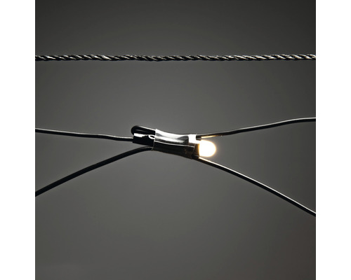 Detailaufnahme einer Lichterkette mit einer leuchtenden Glühbirne