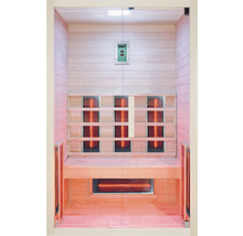 Innenansicht einer Infrarotsauna mit Holzverkleidung, Sitzbank und Infrarotstrahlern