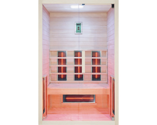 Infrarotkabine Typ ABNH732 131x102x210 cm Innenansicht einer Infrarotsauna mit Holzverkleidung, Sitzbank und Infrarotstrahlern