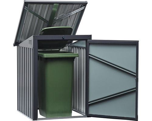 Mülltonnenbox aus Metall mit geöffnetem Deckel und einer Mülltonne