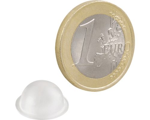 Transparenter Türpuffer aus Kunststoff neben einer 1-Euro-Münze