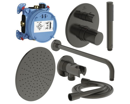 Unterputz Duschsystem mit Hand- und Kopfbrause Ideal Standard schwarz A7573XG Komplette Duschgarnitur mit Unterputz-Thermostat, Kopfbrause, Handbrause und Brauseschlauch