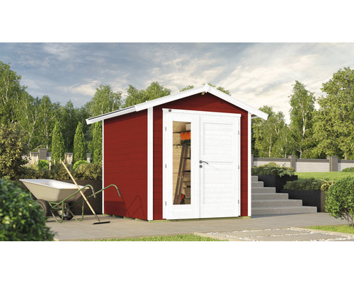 Gartenhaus weka 224 A Gr. 1 inkl. Fußboden 260 x 233 cm rot Holzgartenhaus mit Doppeltür und Gartenwerkzeugen im Garten