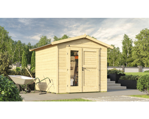 Gartenhaus weka 224 A Gr. 2 inkl. Fußboden 280 x 263 cm natur Gartenszene mit Holzgartenhaus, Schubkarre und Gartengeräten