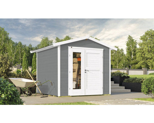 Gartenhaus weka 224 A Gr. 2 inkl. Fußboden 280 x 263 cm grau Grauer Holzgarten Schuppen mit weißen Akzenten im Garten