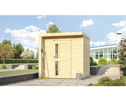 Gartenhaus weka 262 C inkl. Fußboden 216 x 215 cm natur Garten Szene mit Gerätehaus aus Holz, Gartengeräte und Bewässerungskanne